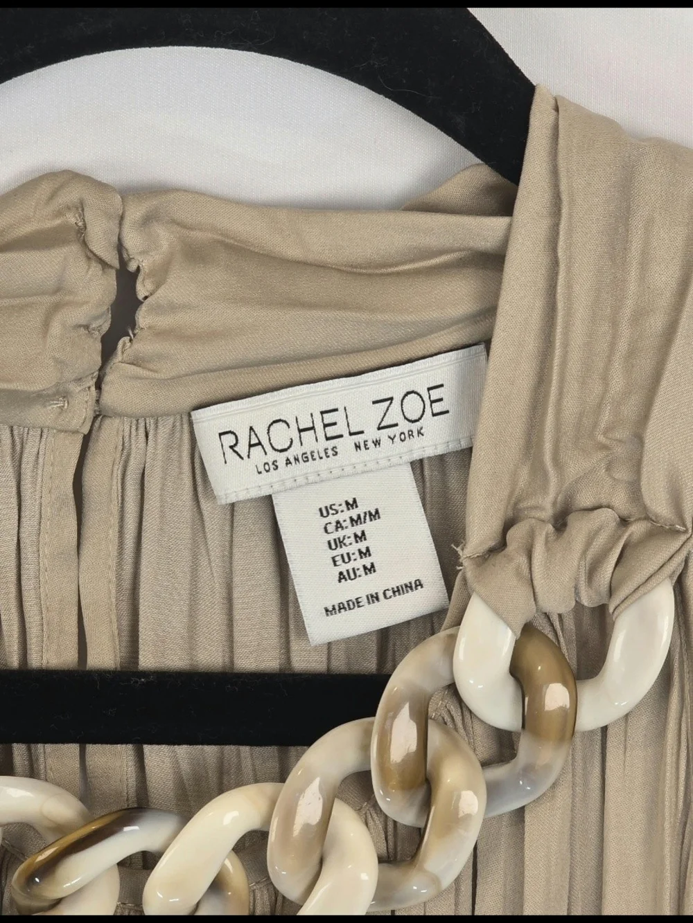 Rachel Zoe Taupe Boho Chic Office Pleated Halter Chunky Chain Accent Blouse Sz M - Picture 2 of 6